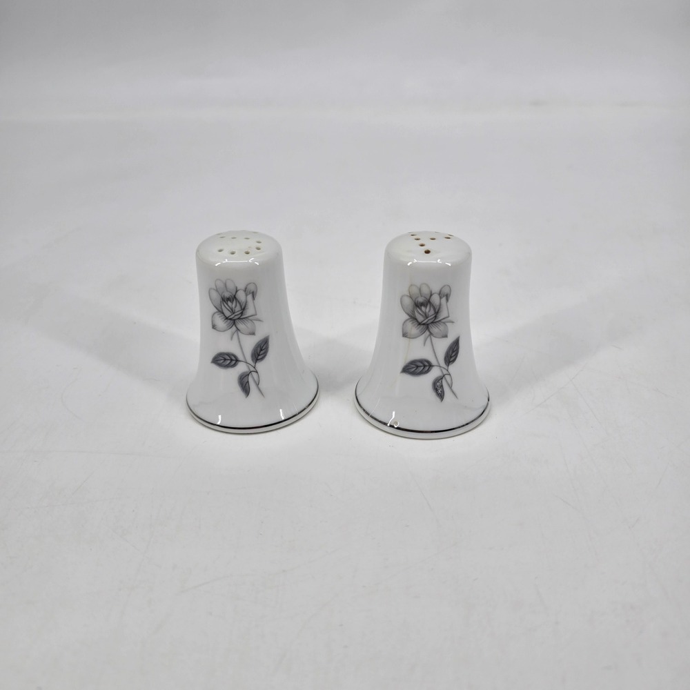 Vintage Queens Royal Japan Rose Salt & Pepper Shakers Silver Trim Floral